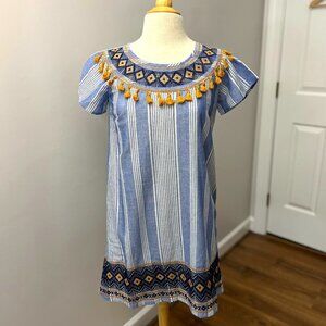 THML Anthropologie Blue Stripe Yellow Tassel Dress Coverup Sz S